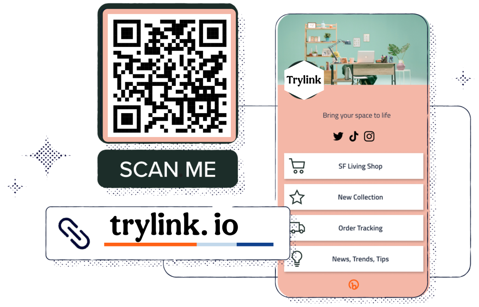 A QR code with a phone and a short link