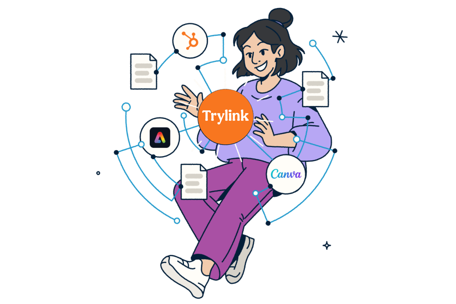 A person surrounded by icons representing different apps and documents